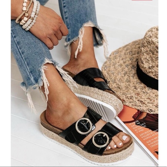 Adjustable Black Croc Double Buckle Espadrille - Picture 2 of 9